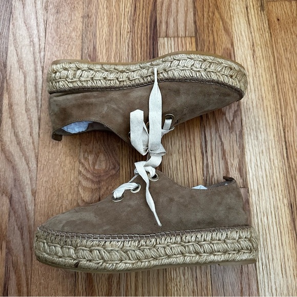 Eric Michael Espadrilles Platform Tan Suede Lace Up Spain Women’s Size 38 US 7.5 - Picture 1 of 11